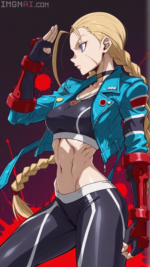 Cammy White from Street Fighter 6 in a side profile fighting stance wearing a blue jacket and red gauntlets against a red splatter background