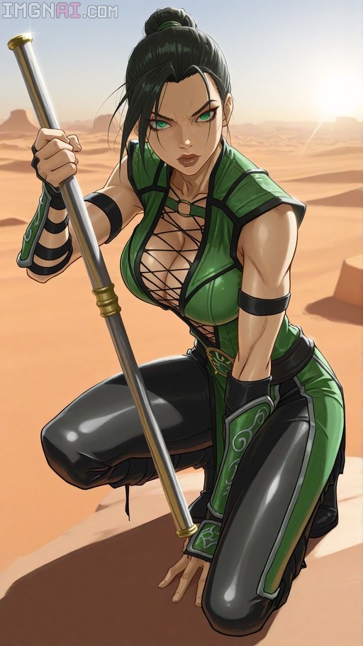 A digital illustration of Jade from Mortal Kombat kneeling in a desert holding a steel bo staff.