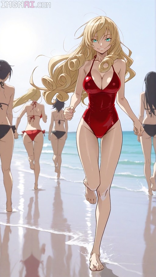 A blonde anime woman with long curly hair and a toothy smile runs toward the viewer on a sunny beach wearing a shiny red one-piece swimsuit while others run into the waves behind her.