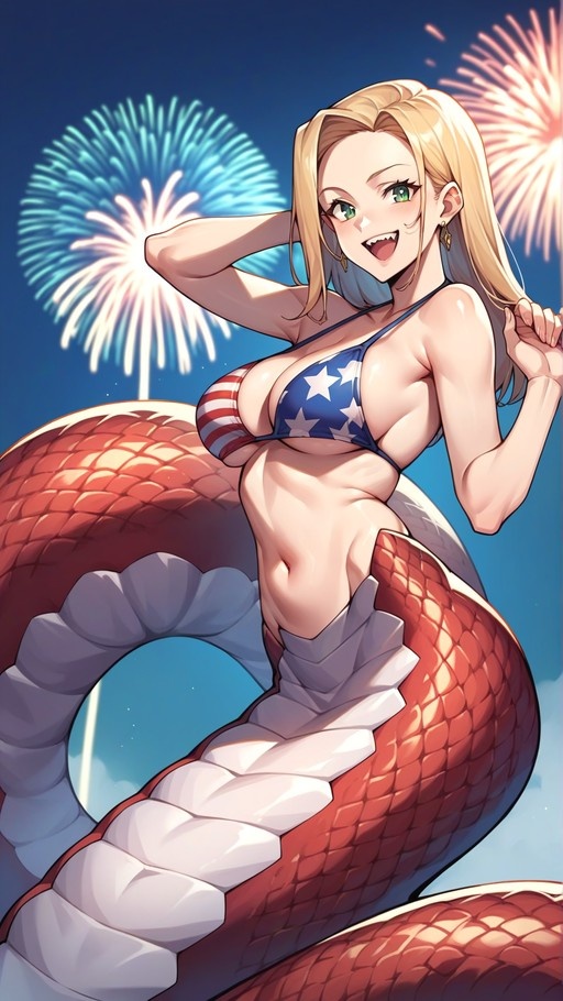 An anime-style blonde lamia with a red snake tail and green eyes wears a stars-and-stripes bikini while smiling under colorful fireworks in the night sky.