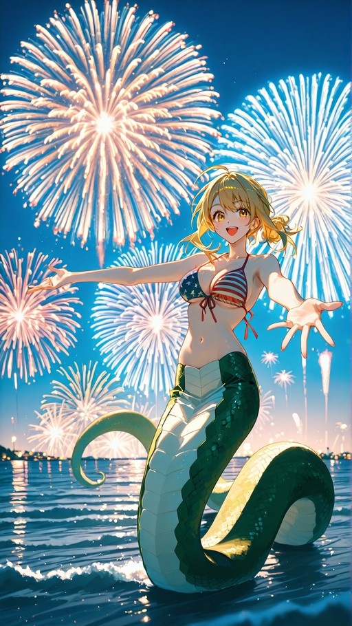 A blonde anime-style lamia girl with a green snake tail and an American flag bikini smiles while standing in the ocean under exploding fireworks.
