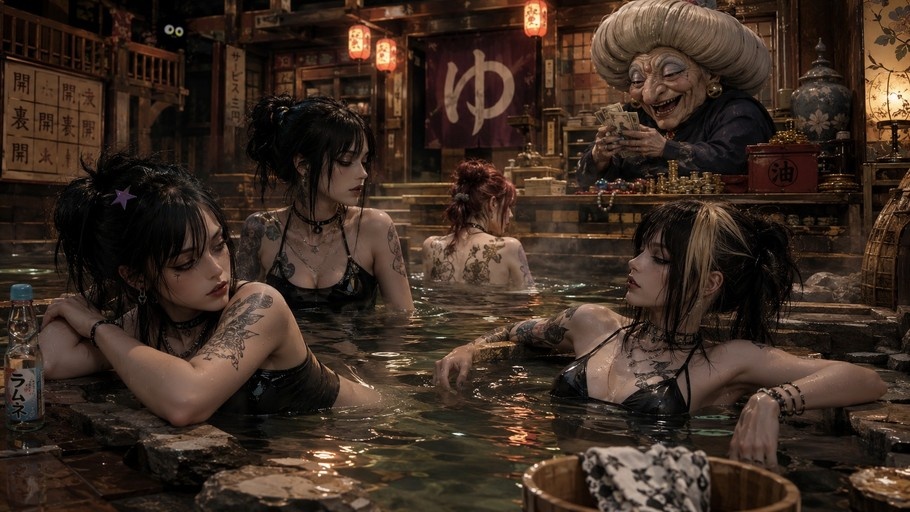 Four tattooed young women in black swimwear relax in a steaming Japanese hot spring while an older woman with a large grey bun counts money nearby.