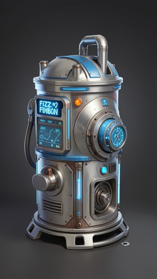A silver cylindrical robot with blue glowing accents and a handle on top stands against a grey background. Its front panel features screens displaying data and the text 'FIZZ FINBON', along with a large clock-like dial.