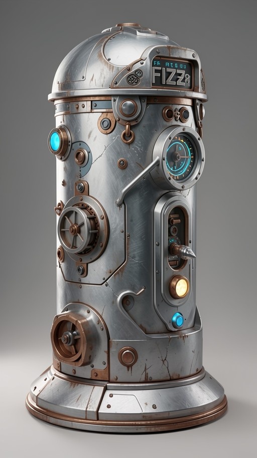 A cylindrical steampunk robot labeled "FIZZ" with weathered metal plating and glowing blue gauges.