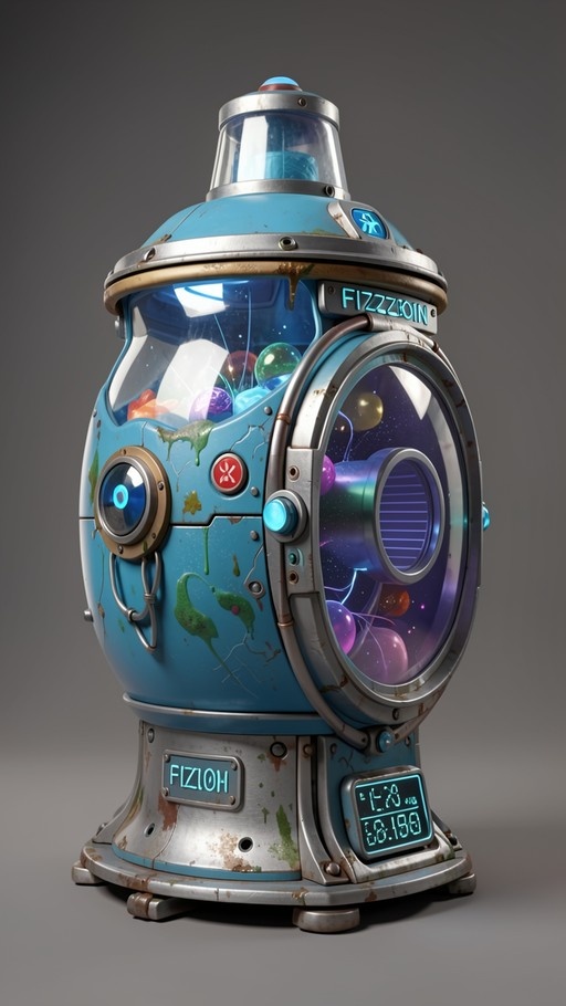 A rusty blue sci-fi gumball machine with a glass dome containing colorful spheres and a side window revealing a galaxy interior.