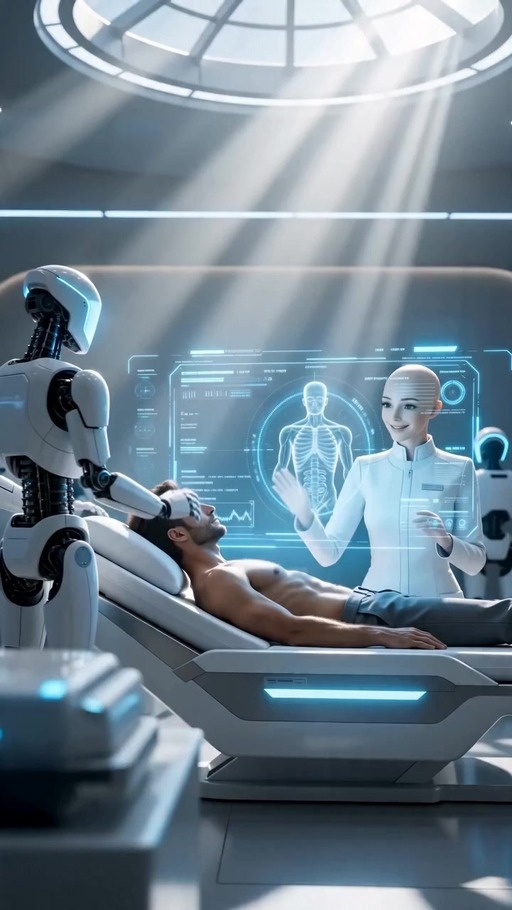 A bald bearded man lies on his back on a bed while a female doctor in a lab coat looks at him and checks a glowing holographic interface in a sci-fi room.