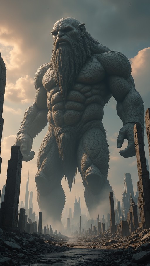 Low angle view of a massive grey-skinned giant with a long beard standing in a ruined city with broken pillars and skyscrapers in the background.
