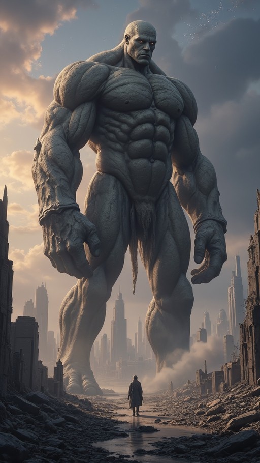 A massive grey-skinned giant with glowing red eyes stands in a destroyed city street, towering over a small human figure in the foreground.