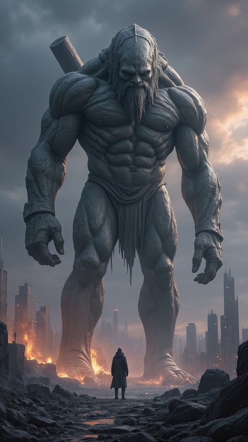 A massive, muscular grey giant with a long beard and loincloth stands towering over a burning futuristic cityscape, facing a tiny hooded figure.