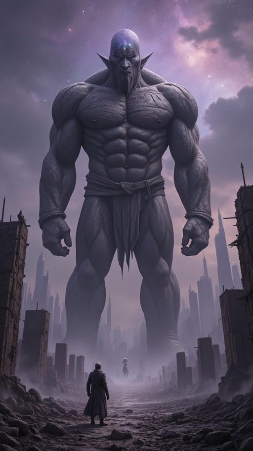 A colossal muscular giant with grey skin, pointed ears, and a beard stands amidst the ruins of a modern city skyline against a purple starry sky, while two small figures look up from below.