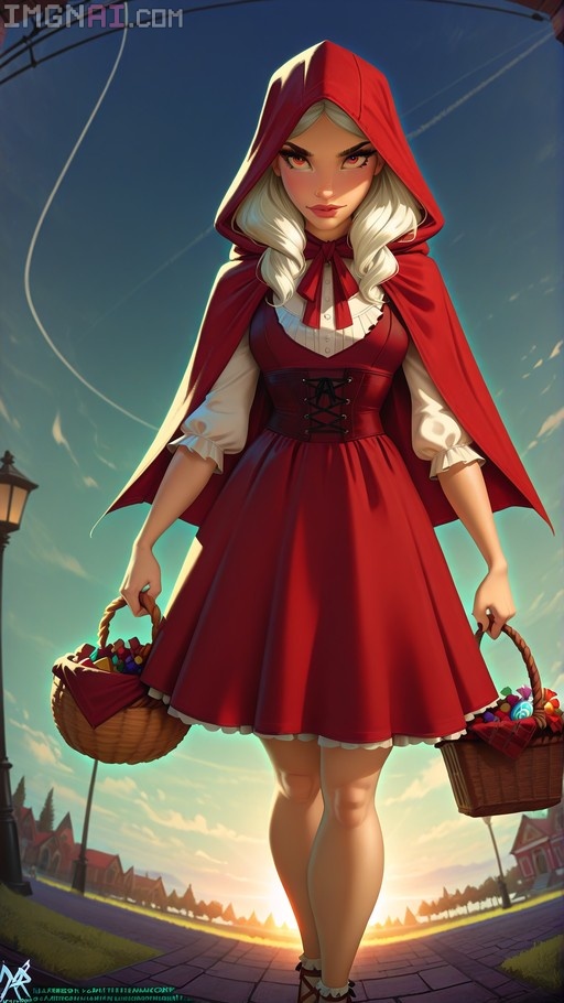 A stylized digital illustration of Little Red Riding Hood in a red hooded cloak and dress holding two baskets of candy on a path at sunset.