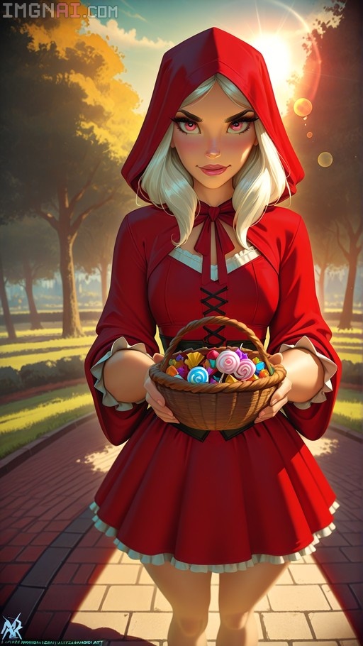 A blonde woman in a red hooded cloak and dress holds a wicker basket filled with colorful candies while standing on a brick path in a sunlit park.