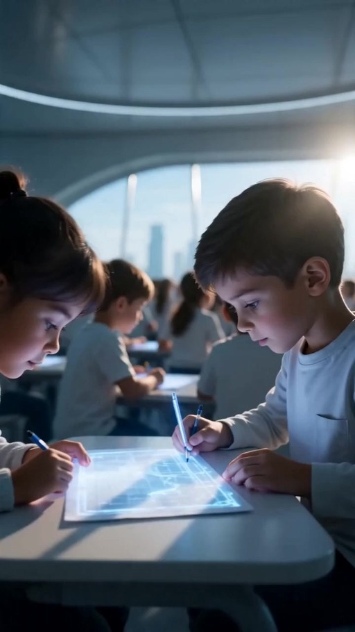 A group of students sits at desks in a bright classroom while a mechanical robot stands nearby, with large windows showing a planet and cityscape outside.
