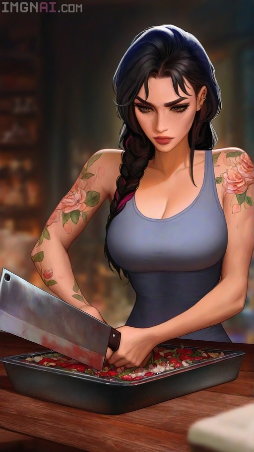 A woman with dark hair and floral tattoos on her arms uses a large cleaver to chop red petals in a metal tray while wearing a grey tank top.