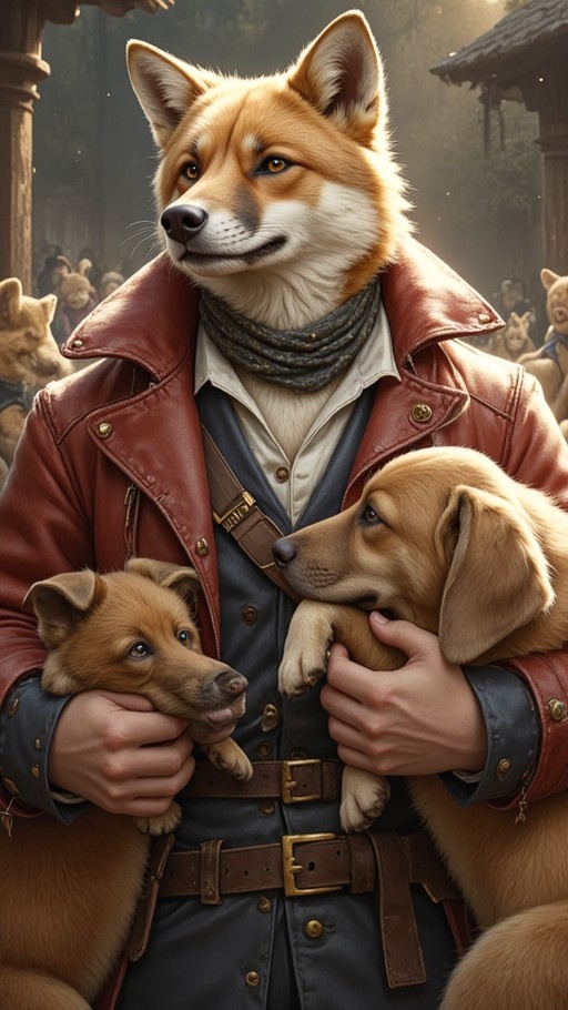 An anthropomorphic dog with orange fur wearing a red leather jacket and scarf holds two small puppies in its arms.