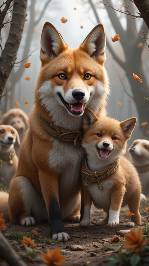 A large orange and white dog sits next to a small puppy in a forest with falling autumn leaves.