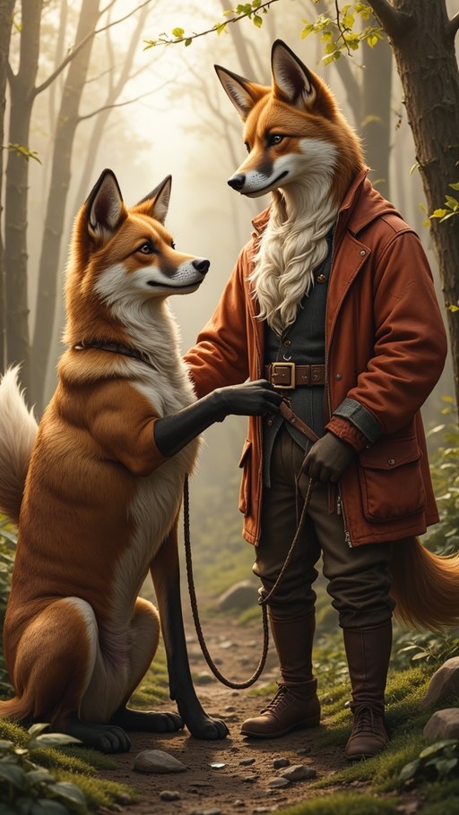 Two anthropomorphic orange foxes on a misty forest path; one stands holding a leash while the other sits and looks up.