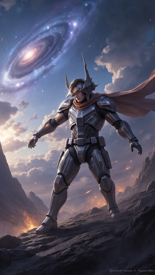 A male figure in silver armor and a horned helmet stands on a rocky outcrop with a flowing cape against a sky featuring a large spiral galaxy.