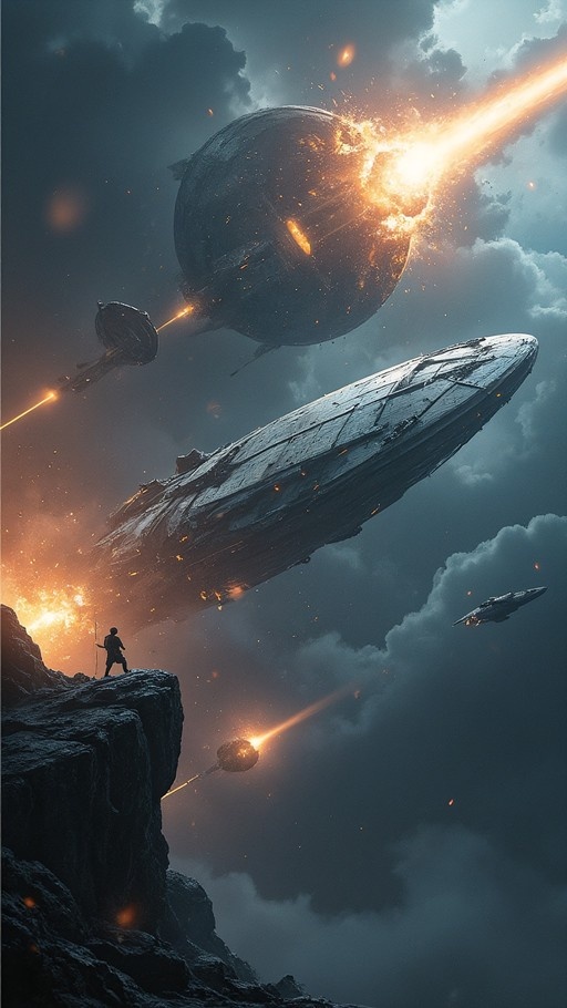 A silhouette of a person standing on a rocky cliff edge watches massive spacecraft engage in an aerial battle, featuring a large exploding ship and streaking energy beams against a cloudy sky.