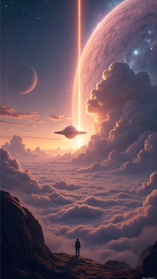 A silhouette of a person stands on a rocky cliff overlooking a sea of clouds, watching a flying saucer hover near a massive planet in a starry sunset sky.
