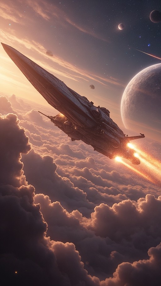 A sleek, pointed spaceship flies upward through a layer of clouds toward a starry sky with large planets visible in the distance. Bright orange thruster flames trail behind the vessel as it ascends.