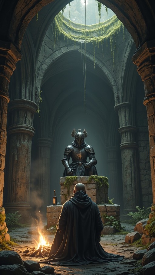 A hooded figure stands before a seated knight in black horned armor inside a mossy stone ruin with a campfire burning nearby.