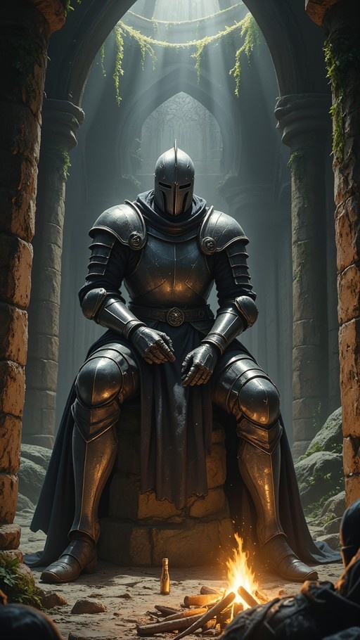 A knight in full dark plate armor and a helmet sits on a stone block in ancient ruins with sunlight streaming through an archway and a small campfire burning at his feet.