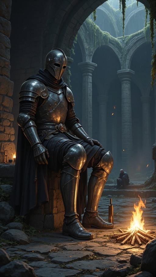 A knight in full plate armor and a helmet sits on a stone block next to a burning campfire in overgrown ancient ruins with stone arches.
