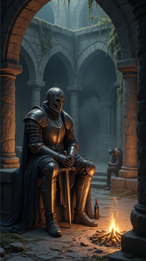 A knight in full dark plate armor and a black cape sits on stone steps holding a sword, illuminated by a small campfire in ancient mossy ruins with another figure resting in the background.