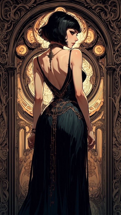 A woman with short black hair in a backless black gown looking over her shoulder against an ornate Art Nouveau archway.