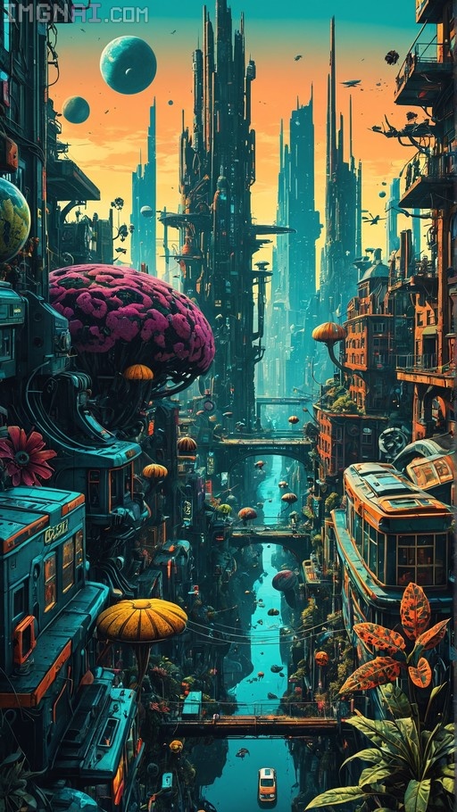 A vertical view of a futuristic alien city with tall spires, organic pink and yellow structures, and a water canal at the bottom under a sunset sky with two moons.