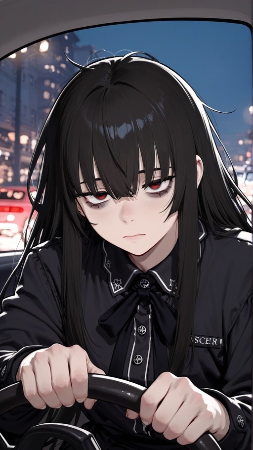 An anime-style illustration of a young woman with long black hair and red eyes gripping a steering wheel inside a car at night, with city lights visible through the windshield.