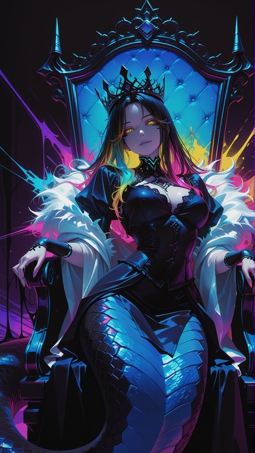 A digital illustration of a lamia monster girl with long multi-colored hair and glowing yellow eyes sitting on an ornate throne. She wears a black dress, a crown, and a white fur stole.