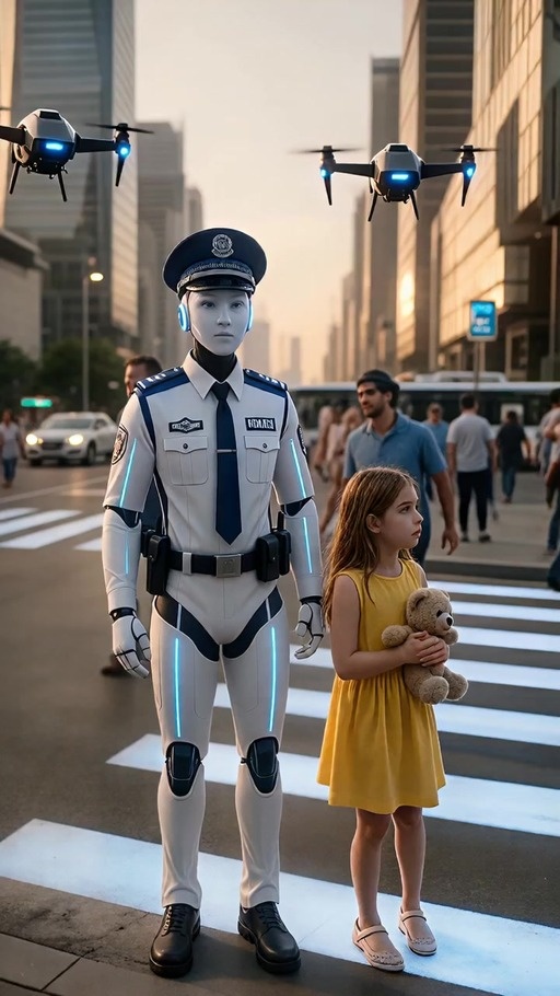 A long-haired woman in a yellow dress holds a teddy bear while crossing a city street near a police officer and a robot.
