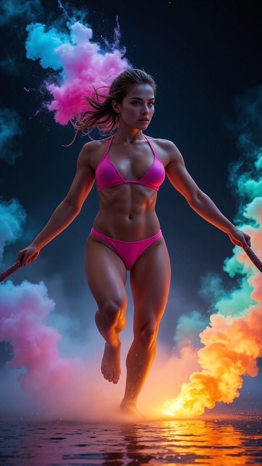 A fit woman in a pink bikini jumps while holding ropes, surrounded by swirling blue and orange smoke over a reflective surface.