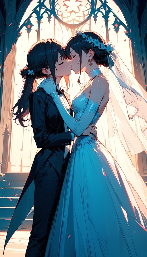 Anime illustration of two women kissing in a church, one wearing a black tuxedo suit and the other in a blue wedding dress and veil.
