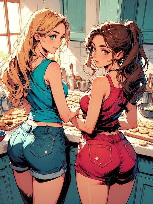 Two anime-style girls standing in a kitchen, looking back over their shoulders while baking cookies.