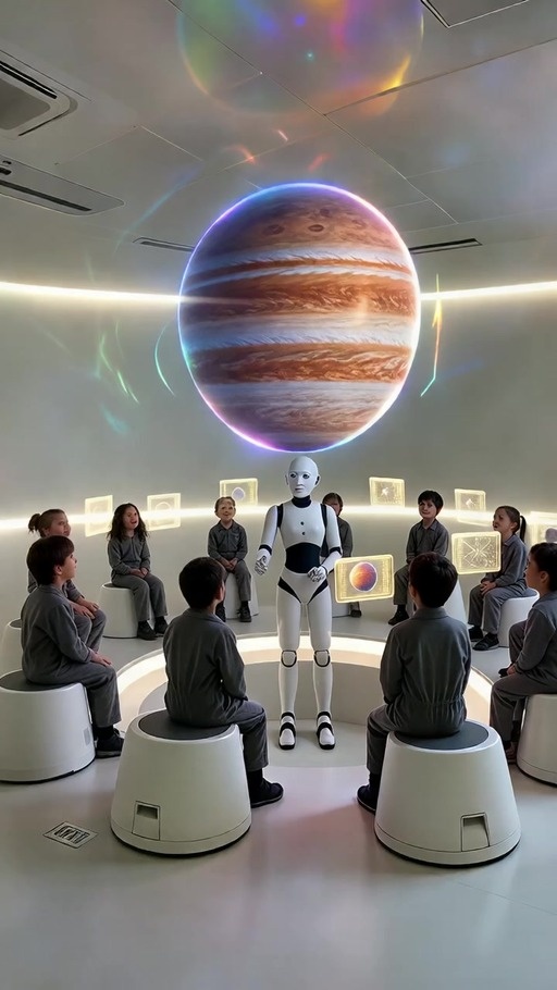 A bald humanoid robot wearing a jumpsuit stands in a bright futuristic classroom, smiling at the camera while teaching a group of seated children using glowing holographic planets and educational screens.