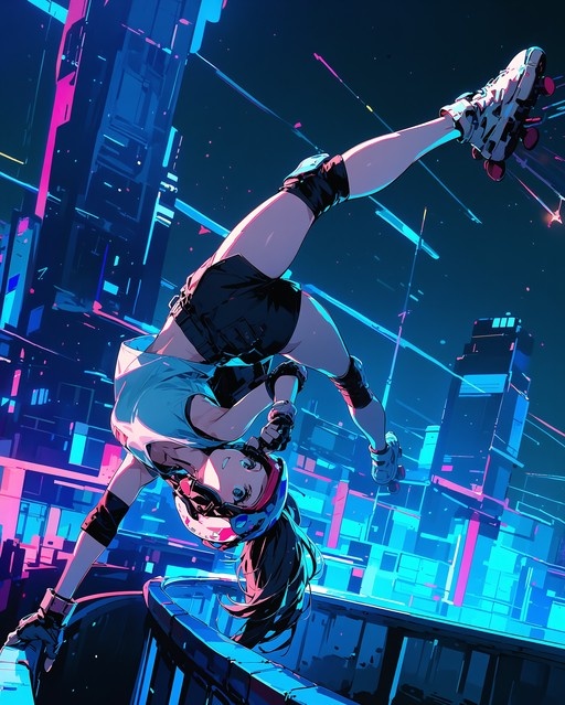 Anime-style girl performing a handstand on a railing while wearing roller skates and protective gear against a neon-lit futuristic city at night.