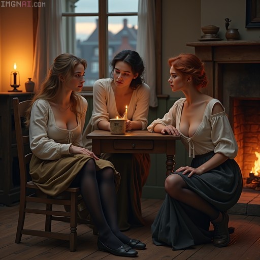 Three women in 19th-century dresses sit and kneel around a table with a candle near a fireplace.