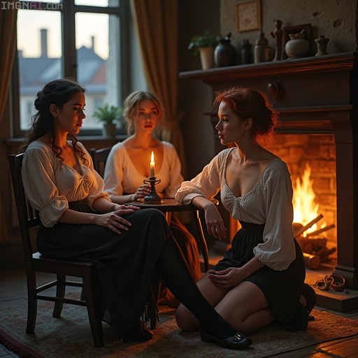 Three women in 19th-century attire relaxing by a warm fireplace with one holding a candle.