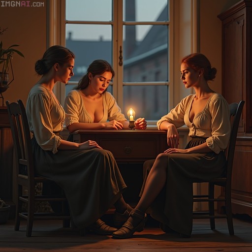 Three women in period clothing sit around a wooden table illuminated by a candle, with a window showing city rooftops in the background.