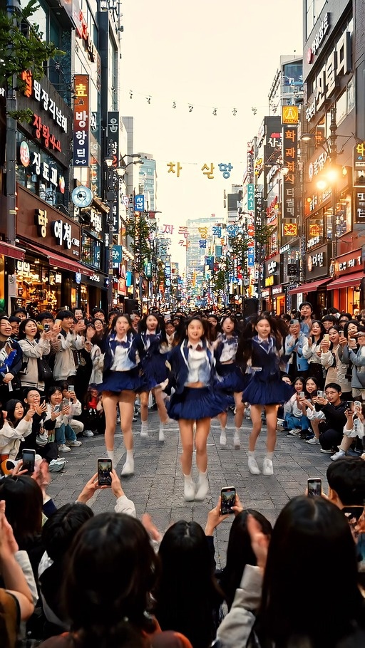 A group of smiling students in school uniforms stand on a Tokyo street holding smartphones while dancing together outdoors during the day.
