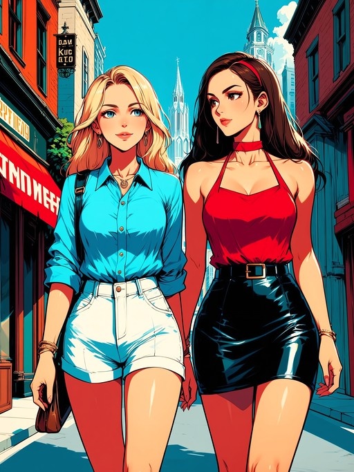 Two women walking on a city street, one blonde in a blue shirt and white shorts, the other brunette in a red top and black skirt.