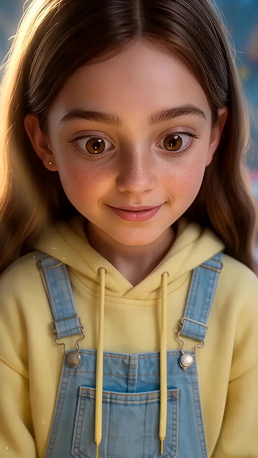 A dark-skinned girl with long brown hair and freckles kneels on a wooden bedroom floor, wearing a yellow hoodie and blue overalls while holding a teddy bear and looking at the viewer.