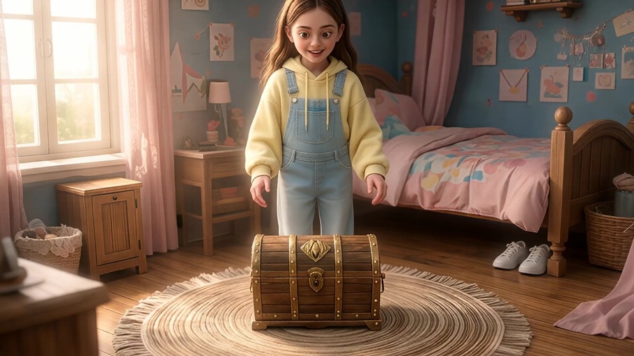A smiling young woman with brown hair and blue eyes stands in a sunlit bedroom wearing a yellow hoodie and blue overalls. She has large western dragon wings, curved horns, claws, scales on her arms, and a long tail, standing near an open wooden treasure chest.