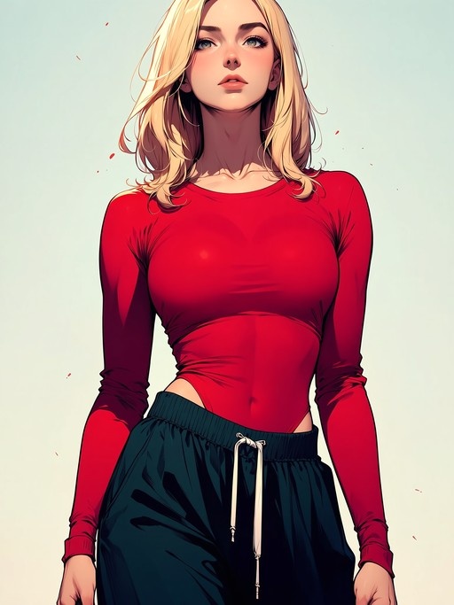 A digital illustration of a blonde woman in a red long-sleeved leotard and dark sweatpants standing against a light background.