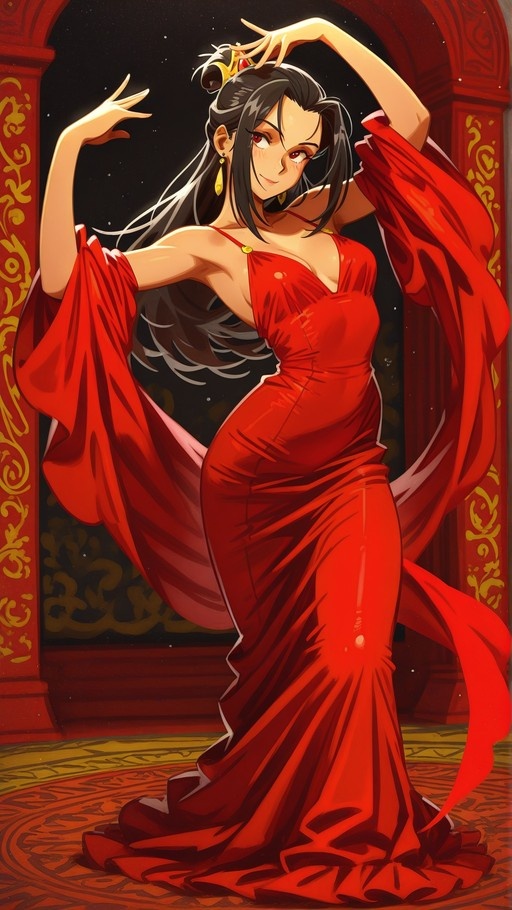 A smiling anime-style woman with dark hair and red eyes poses in a flowing red dress under an ornate archway against a starry night.