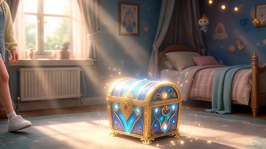 A young girl with brown hair and freckles kneels in a sunlit bedroom to open a glowing wooden treasure chest, revealing a tiny floating baby unicorn with a golden horn and rainbow mane surrounded by magical sparkles.