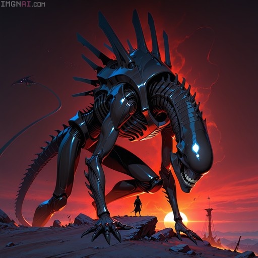 A large black alien monster with glowing eyes and a long tail stands on rocky ground under a red sky.